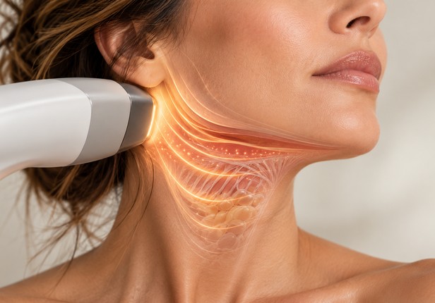 Illustration of radiofrequency energy targeting the jawline and neck to support collagen remodelling