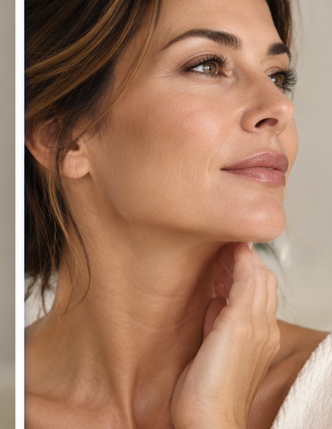 Woman touching her jawline and neck representing XERF skin tightening at Beau Clinic in Kent